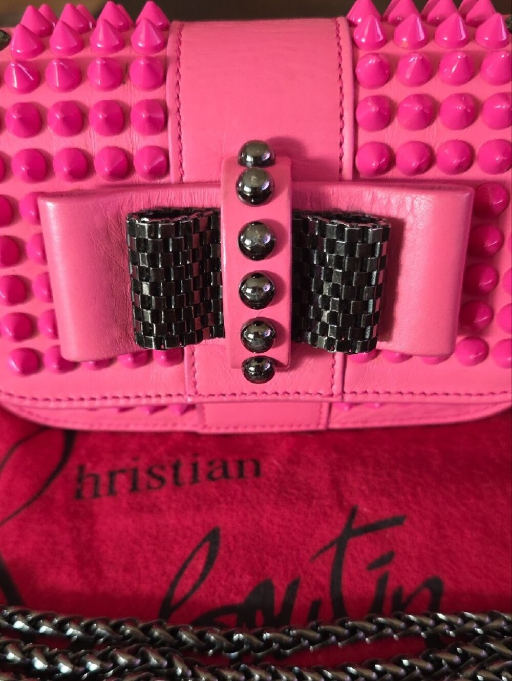 Christian Louboutin "Sweet Charity" Hot Pink Spike-Trim Bow Crossbody Bag 💖 - Picture 10 of 17